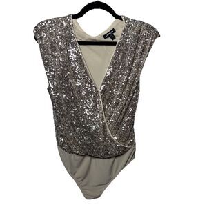Express Womens Small  Silver Sequin Sparkly Stretchy Bodysuit Y2K Glam party